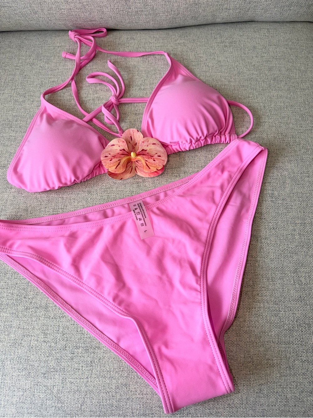 Women's 3-Piece Floral Bikini Swimsuit Set with Mesh Cover-Up - Pink - Size L